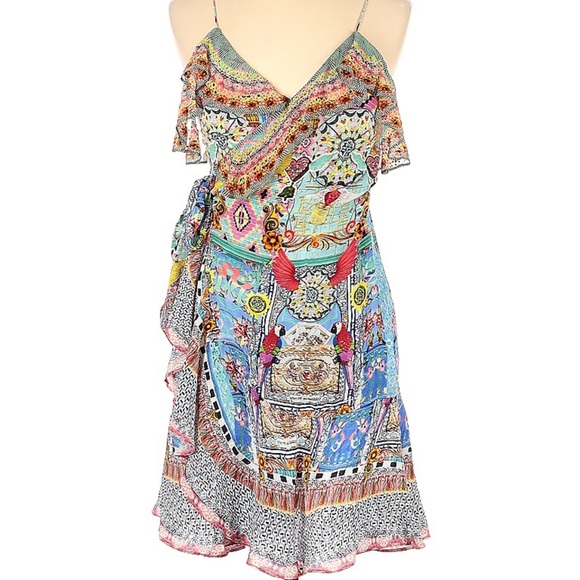 Camilla Bohemian Bounty Ruffle Frill Crepe Crystal Embellished Wrap Dress Medium - Picture 1 of 3